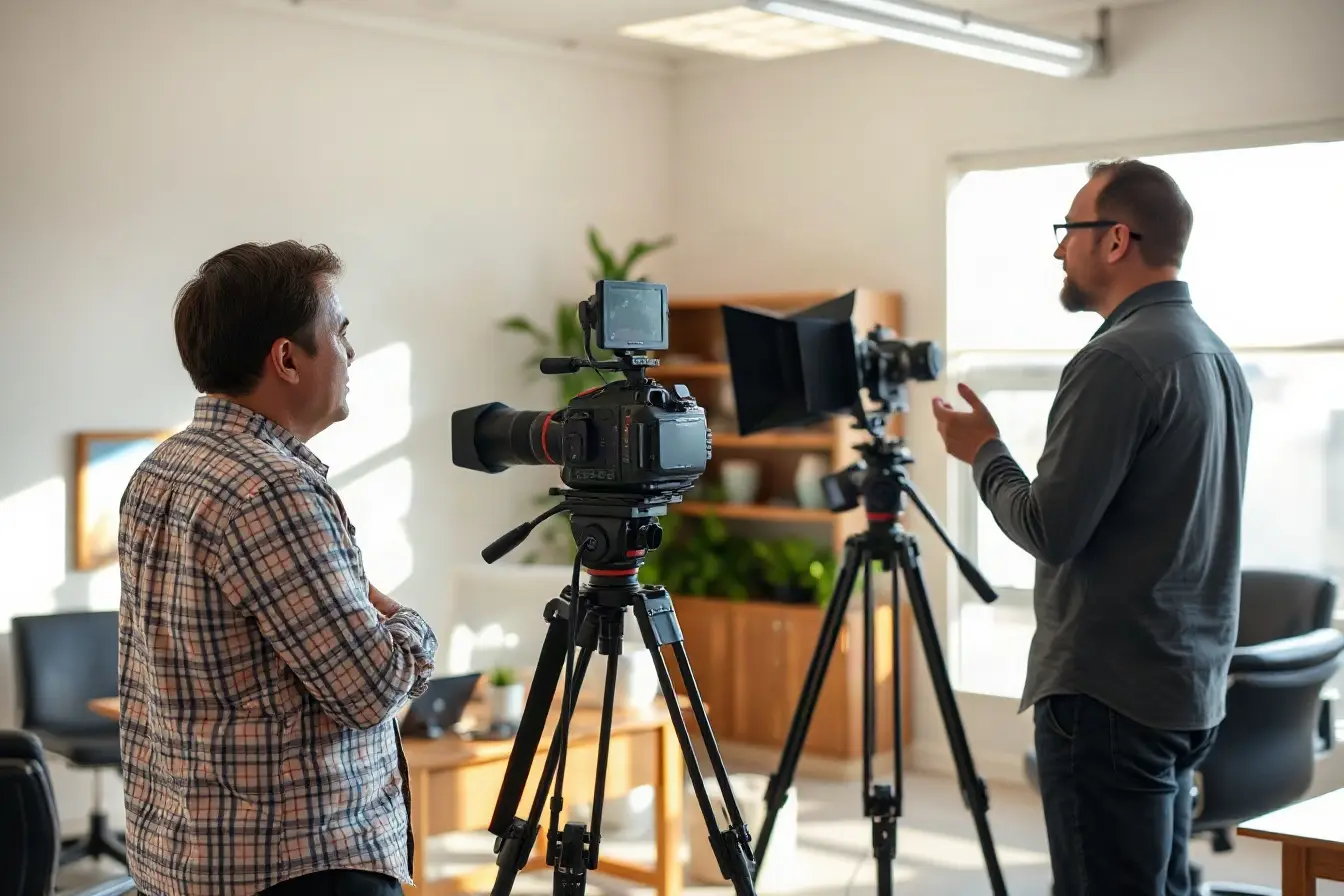 A small video crew filming a client interview in a sunlit San Diego office
